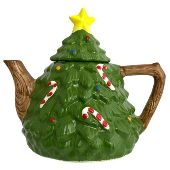 Holiday Teapot Christmas Tree Whimsical Vintage Glazed Ceramic Hand Painted - Picture 1 of 16